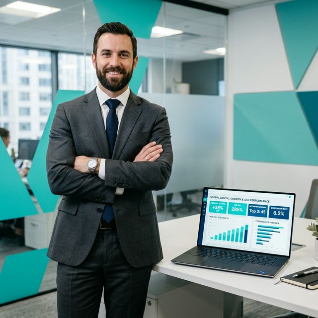 Performans metriklerini içeren modern bir kurumsal web sitesi tasarımı sunan iş profesyoneli